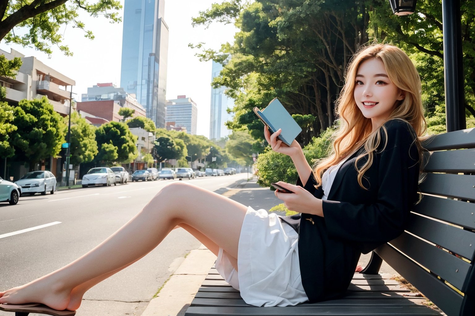 A stunning 23-year-old woman with piercing baby blue eyes and well-proportioned facial features poses against a cityscape backdrop, framed by sleek skyscrapers. Her consistent blonde long hair flows effortlessly, accentuating her flawless face under warm streetlights. In another scene, she walks barefoot on a sun-kissed beach at sunset, her flowing locks blowing gently in the ocean breeze. Next, she stands amidst lush forest foliage, her golden tresses entwining with branches as she gazes serenely into the distance. She lounges on a park bench, reads a book, and laughs with friends; confidently strides through a boardroom; playfully dances on a city street; leans in for a romantic kiss; takes a selfie with her phone; gets married; enjoys a night out at a bar; and reminisces about her childhood, all while maintaining her iconic blonde hair and adapting facial expressions to each setting.