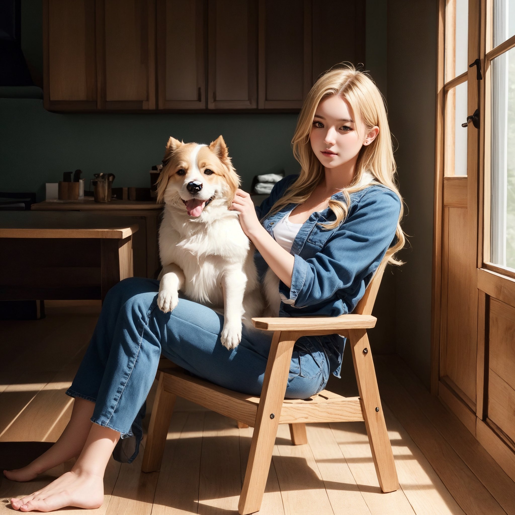 photorealistic instagram model, adorable, 23 year old girl, blue eyss, blonde hair, full body super quailty ultimate quailty, extreme quailty, realistic lighting, realistic shadows, 8k super quailty,  hoding cute dog in her arms sitting in a chair at home,

