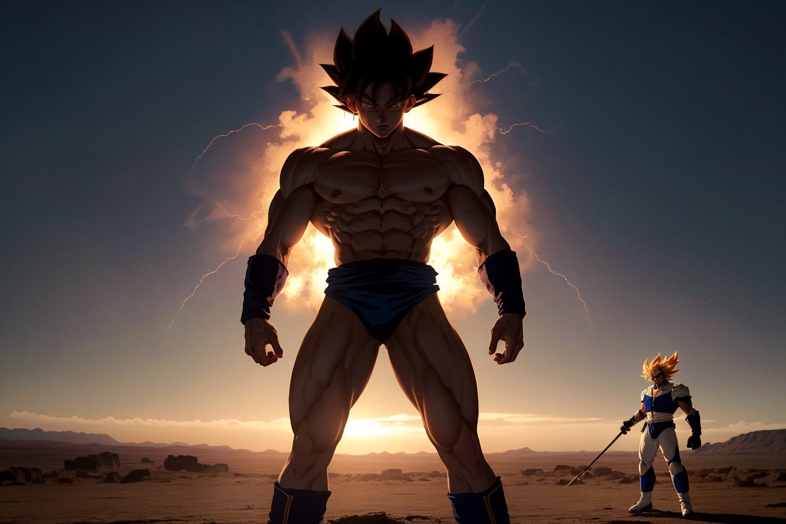 A dynamic, photorealistic depiction of Goku, radiating energy with a determined gaze, as he confronts Frieza on Planet Namek. The sky above is a deep crimson, with wispy clouds like cotton candy, and the terrain stretches out in a desolate, barren landscape. Lighting casts dramatic shadows on Goku's powerful physique, while Frieza's icy aura glows menacingly.