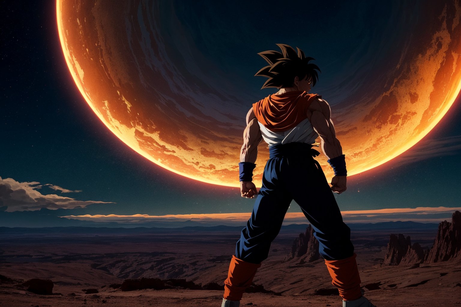 A dynamic, photorealistic depiction of Goku, radiating energy with a determined gaze, as he confronts Frieza on Planet Namek. The sky above is a deep crimson, with wispy clouds like cotton candy, and the terrain stretches out in a desolate, barren landscape. Lighting casts dramatic shadows on Goku's powerful physique, while Frieza's icy aura glows menacingly.