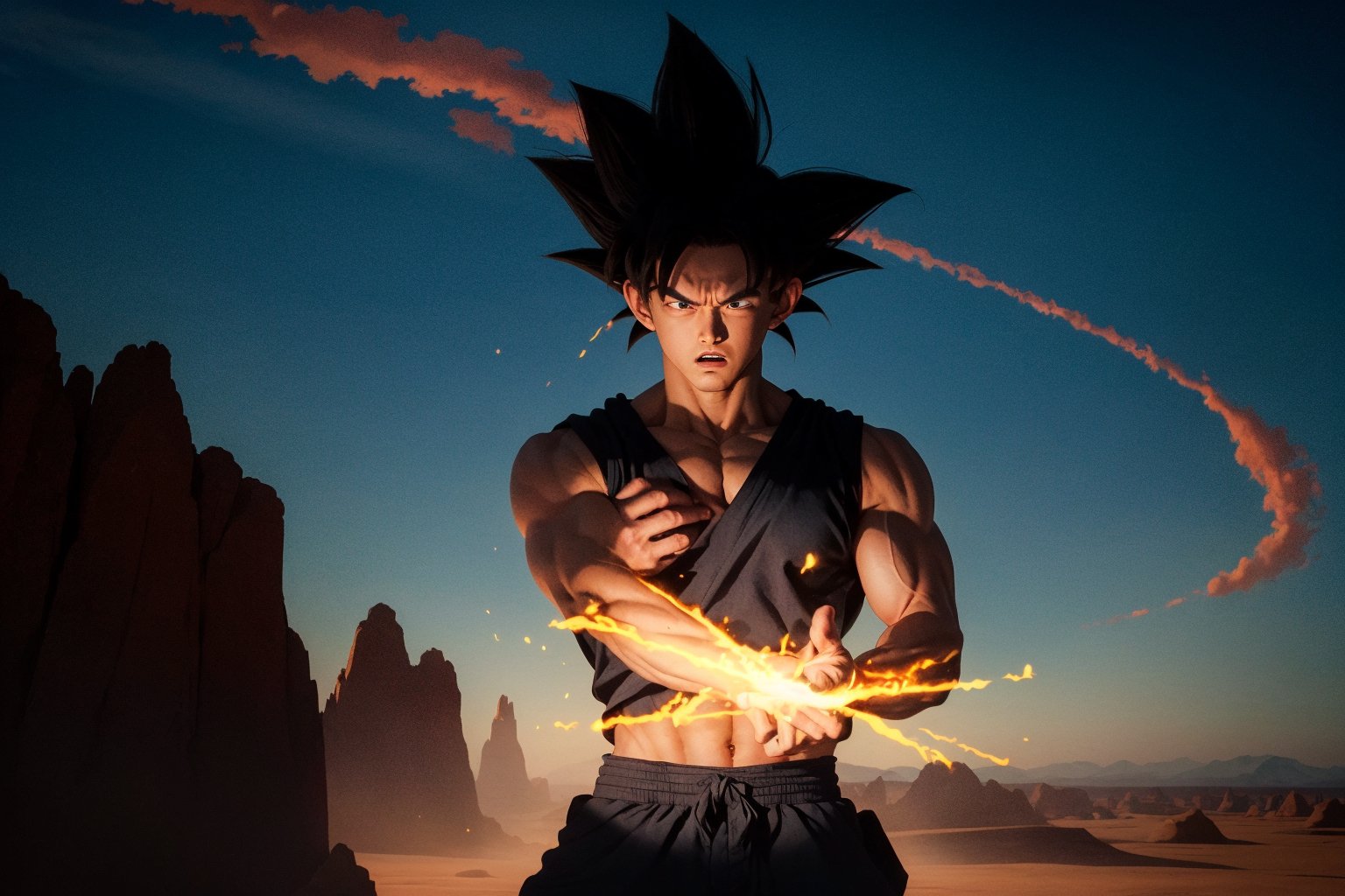 A dynamic, photorealistic depiction of Goku, radiating energy with a determined gaze, as he confronts Frieza on Planet Namek. The sky above is a deep crimson, with wispy clouds like cotton candy, and the terrain stretches out in a desolate, barren landscape. Lighting casts dramatic shadows on Goku's powerful physique, while Frieza's icy aura glows menacingly.