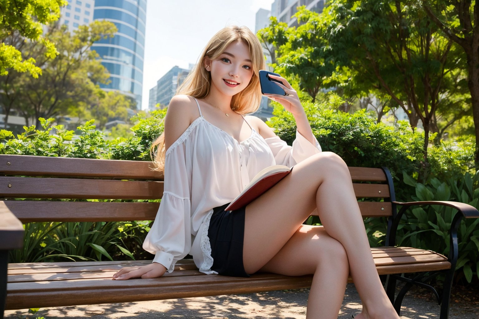 A stunning 23-year-old woman with piercing baby blue eyes and well-proportioned facial features poses against a cityscape backdrop, framed by sleek skyscrapers. Her consistent blonde long hair flows effortlessly, accentuating her flawless face under warm streetlights. In another scene, she walks barefoot on a sun-kissed beach at sunset, her flowing locks blowing gently in the ocean breeze. Next, she stands amidst lush forest foliage, her golden tresses entwining with branches as she gazes serenely into the distance. She lounges on a park bench, reads a book, and laughs with friends; confidently strides through a boardroom; playfully dances on a city street; leans in for a romantic kiss; takes a selfie with her phone; gets married; enjoys a night out at a bar; and reminisces about her childhood, all while maintaining her iconic blonde hair and adapting facial expressions to each setting.