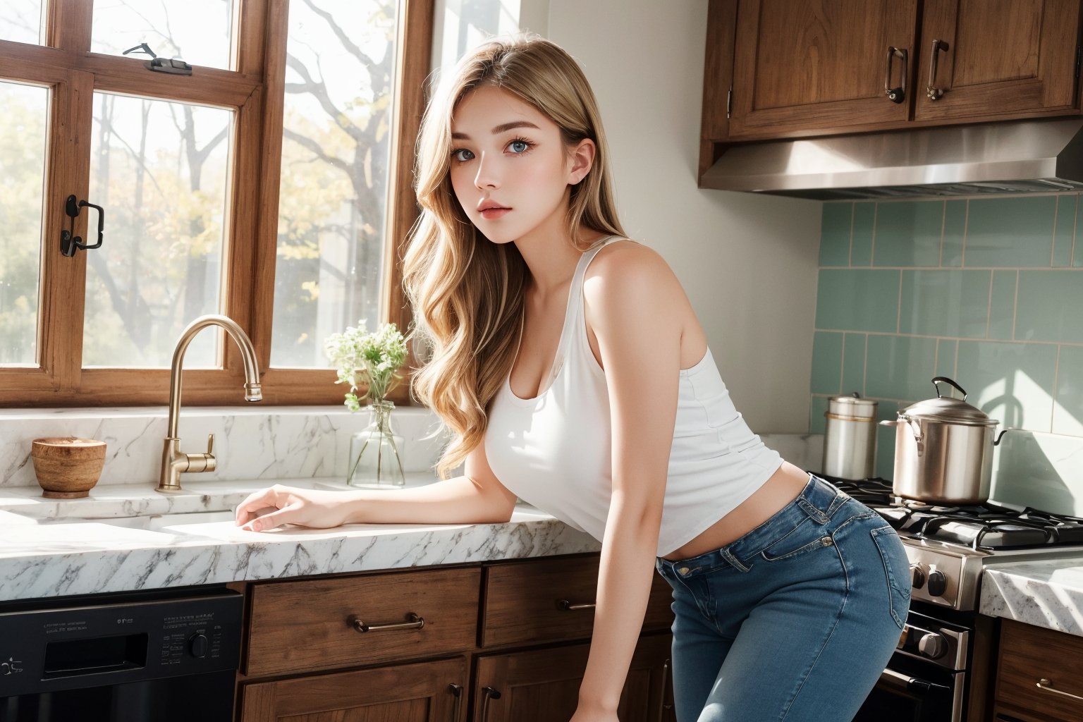 Here's your photorealistic prompt:

A 23-year-old woman with piercing baby blue eyes and long blonde hair styled consistently throughout stands confidently in a bright, airy kitchen. She wears a trendy white tank top and high-waisted distressed denim jeans, her toned legs and arms on full display. Her defined nose and symmetrical eyes shine under the soft morning light streaming through the windows. The camera captures her flawless complexion from a slight overhead angle, emphasizing her athletic build as she leans against the kitchen island, hand resting on the counter.