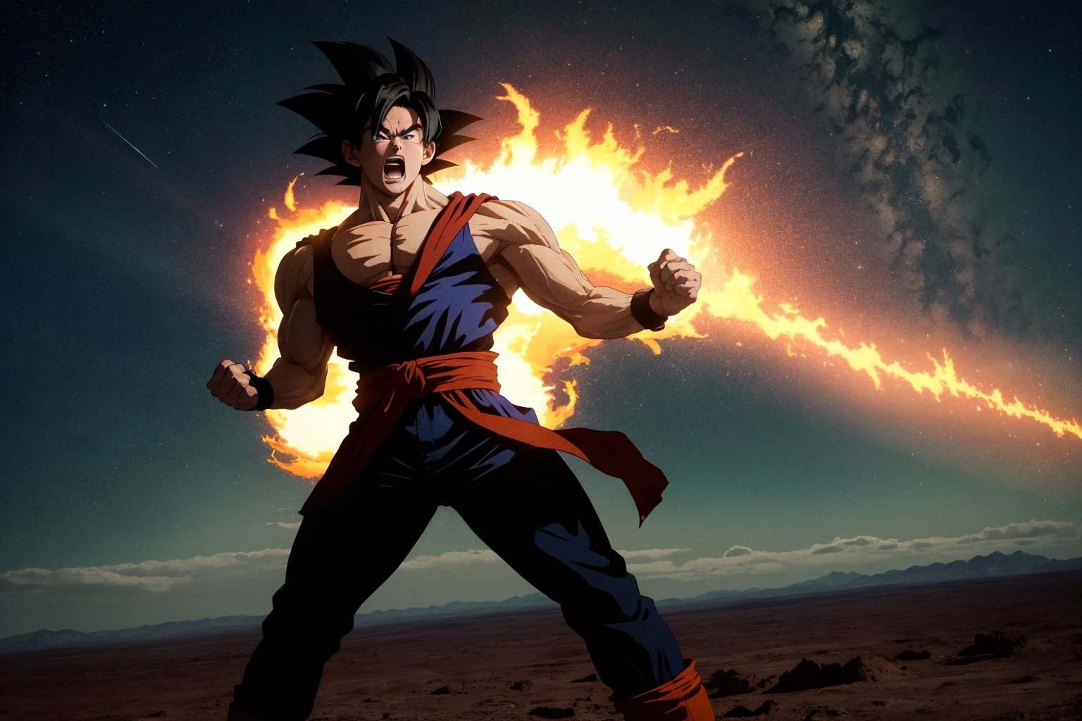 A dynamic, photorealistic depiction of Goku, radiating energy with a determined gaze, as he confronts Frieza on Planet Namek. The sky above is a deep crimson, with wispy clouds like cotton candy, and the terrain stretches out in a desolate, barren landscape. Lighting casts dramatic shadows on Goku's powerful physique, while Frieza's icy aura glows menacingly.