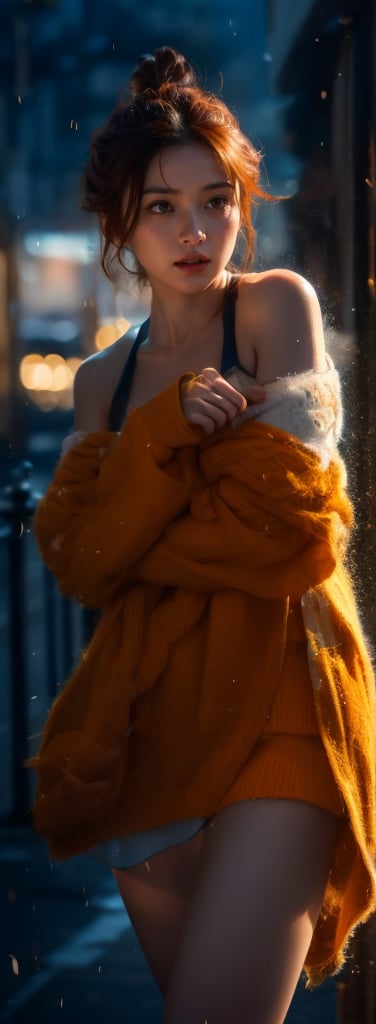 a young woman,looking at the camera,posing,ulzzang, streaming on twitch, character album cover,orange moment,style of Alessio Albi,daily wear,moody lighting,appropriate comparison of cold and warm,reality,idol,Beauty,beauty