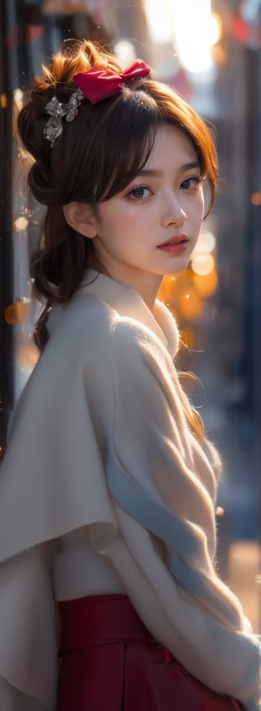 a young woman,looking at the camera, posing,ulzzang, streaming on twitch, character album cover,red moment,style of bokeh,daily wear,moody lighting,appropriate comparison of cold and warm, hair over one eye, bow on head, reality,idol,Beauty,beauty