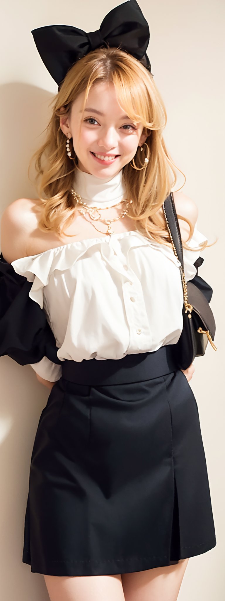 1girl,grin, long blonde hair, black eyes,twin_buns,bow on head,frills, blushing, Dress,necklace, earings,beaded bracelet,hands_above_head, Crossbody bag:Channel, bow on waist,korean,perfect light,heart_shaped_pupils,beauty