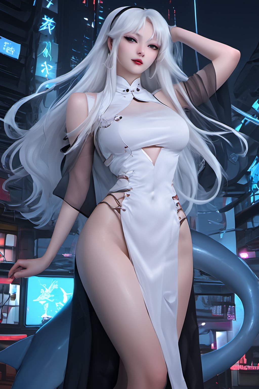 Sexy Pose , (masterpiece),(solo), 1 Japanese beauty, white hair ,  (high sexual attraction,long hair), in the dark night, (sexy Chinese Hanfu+body implants) ,(highly detailed background of ancient Indian achitechture with neon lights) ,Cyberpunk,Enhance,  Chinese fantasy art,shark