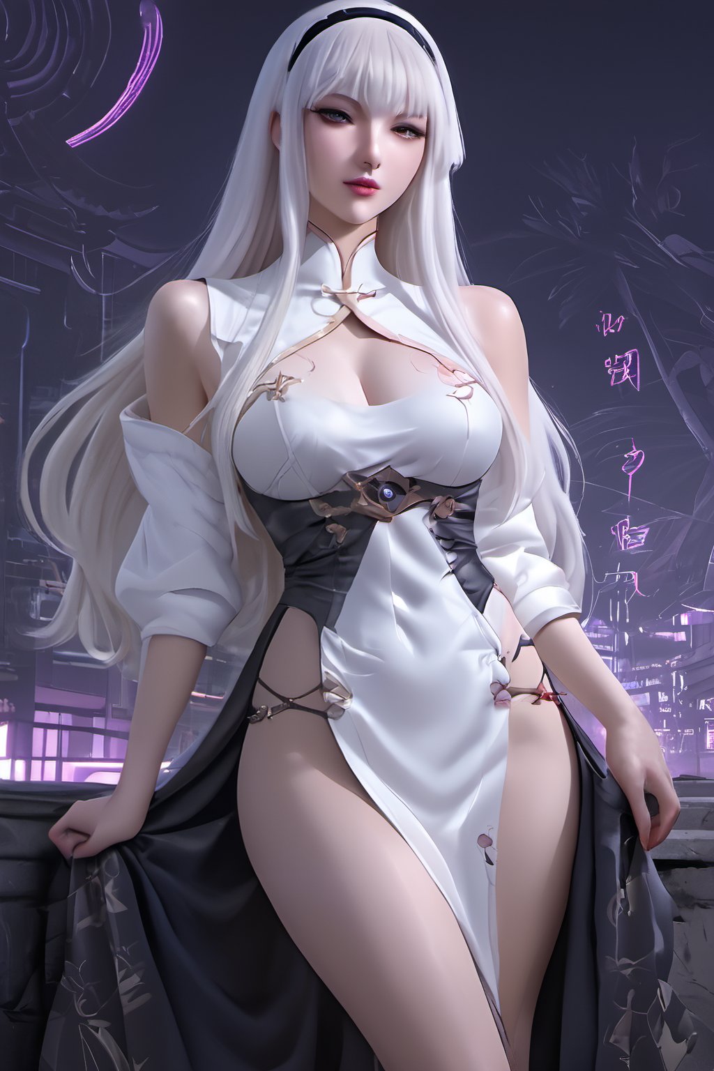 Sexy Pose , (masterpiece),(solo), 1 Japanese beauty, white hair ,  (high sexual attraction,long hair), in the dark night, (sexy Chinese Hanfu+body implants) ,(highly detailed background of ancient Indian achitechture with neon lights) ,Cyberpunk,Enhance,  Chinese fantasy art,shark