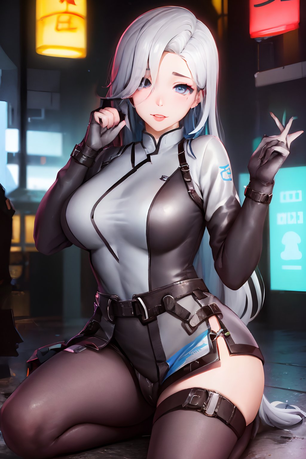 Sexy Pose , (masterpiece),(solo), 1 Japanese beauty, white hair ,  (high sexual attraction,long hair), in the dark night, (sexy Chinese Hanfu+body implants) ,(highly detailed background of ancient Indian achitechture with neon lights) ,Cyberpunk,Enhance,  Chinese fantasy art,shark