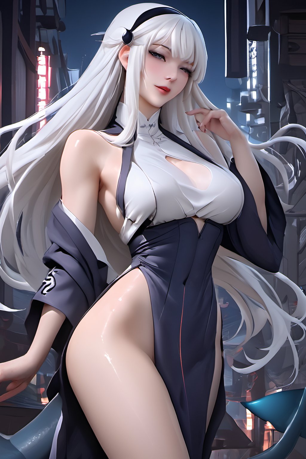 Sexy Pose , (masterpiece),(solo), 1 Japanese beauty, white hair ,  (high sexual attraction,long hair), in the dark night, (sexy Chinese Hanfu+body implants) ,(highly detailed background of ancient Indian achitechture with neon lights) ,Cyberpunk,Enhance,  Chinese fantasy art,shark