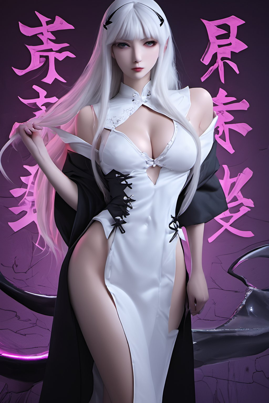 Sexy Pose , (masterpiece),(solo), 1 Japanese beauty, white hair ,  (high sexual attraction,long hair), in the dark night, (sexy Chinese Hanfu+body implants) ,(highly detailed background of ancient Indian achitechture with neon lights) ,Cyberpunk,Enhance,  Chinese fantasy art,shark