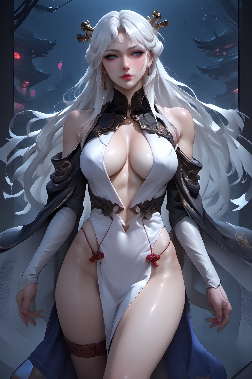 Sexy Pose , (masterpiece),(solo), 1 Japanese beauty, white hair ,  (high sexual attraction,long hair), in the dark night, (sexy Chinese Hanfu+body implants) ,(highly detailed background of ancient Indian achitechture with neon lights) ,Cyberpunk,Enhance,  Chinese fantasy art,shark