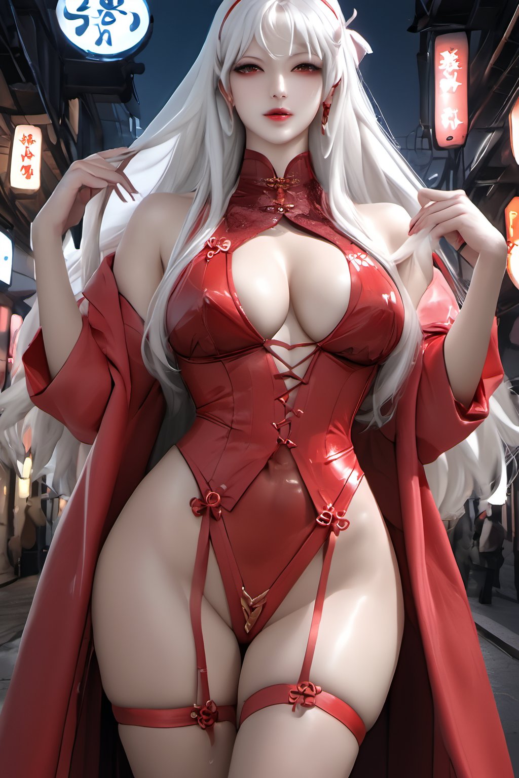 Sexy Pose , (masterpiece),(solo), 1 Japanese beauty, white hair ,  (high sexual attraction,long hair), in the dark night, (sexy Chinese Hanfu+body implants) ,(highly detailed background of ancient Indian achitechture with neon lights) ,Cyberpunk,Enhance,  Chinese fantasy art,shark