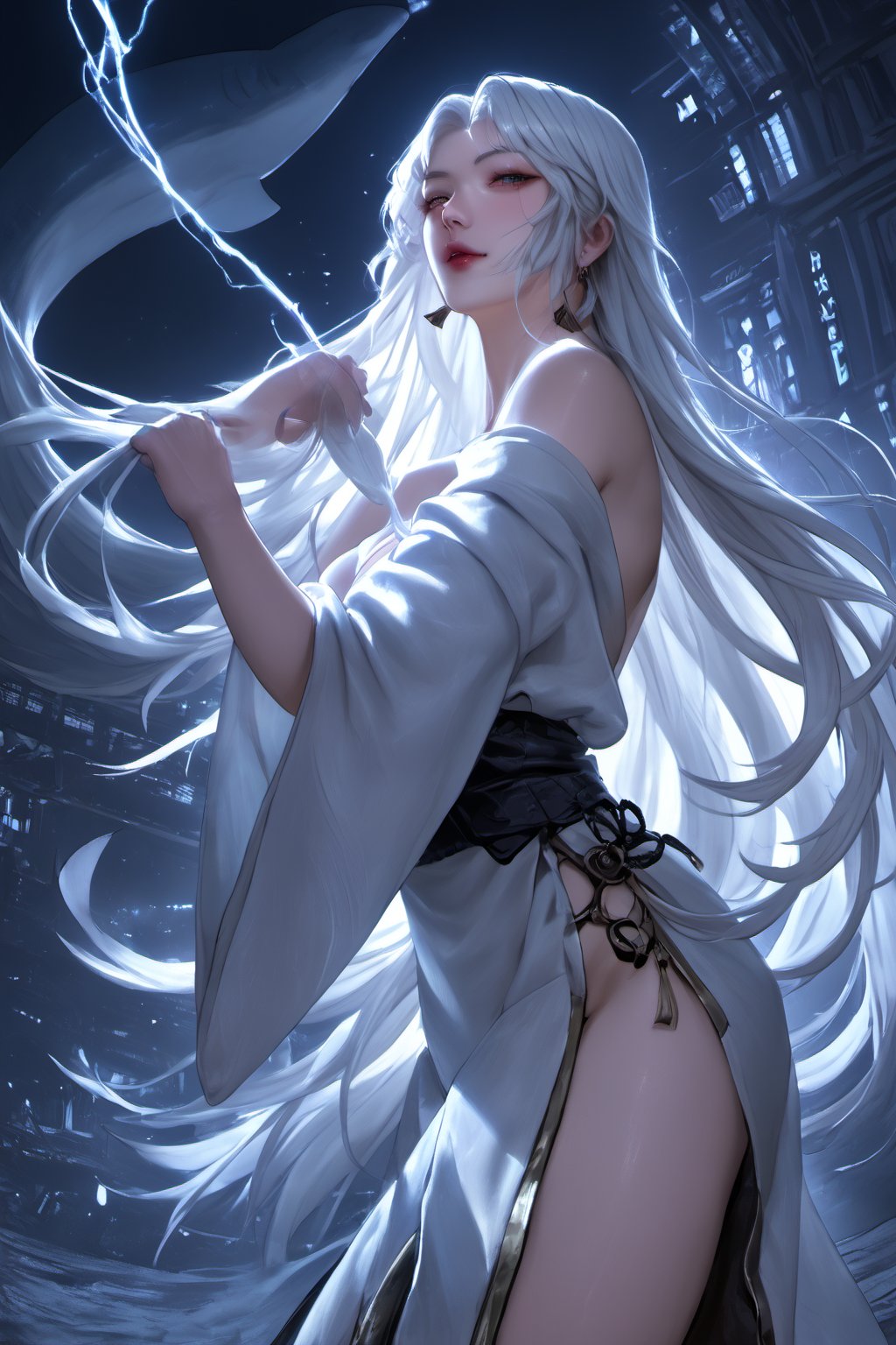 Sexy Pose , (masterpiece),(solo), 1 Japanese beauty, white hair ,  (high sexual attraction,long hair), in the dark night, (sexy Chinese Hanfu+body implants) ,(highly detailed background of ancient Indian achitechture with neon lights) ,Cyberpunk,Enhance,  Chinese fantasy art,shark