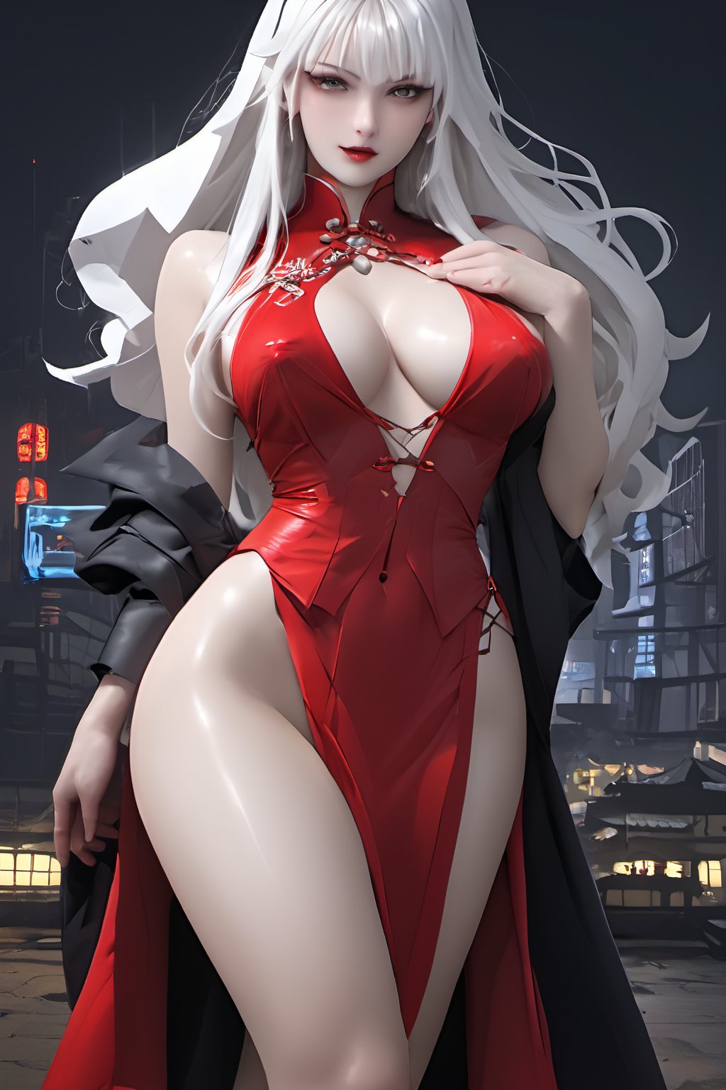 Sexy Pose , (masterpiece),(solo), 1 Japanese beauty, white hair ,  (high sexual attraction,long hair), in the dark night, (sexy Chinese Hanfu+body implants) ,(highly detailed background of ancient Indian achitechture with neon lights) ,Cyberpunk,Enhance,  Chinese fantasy art,shark