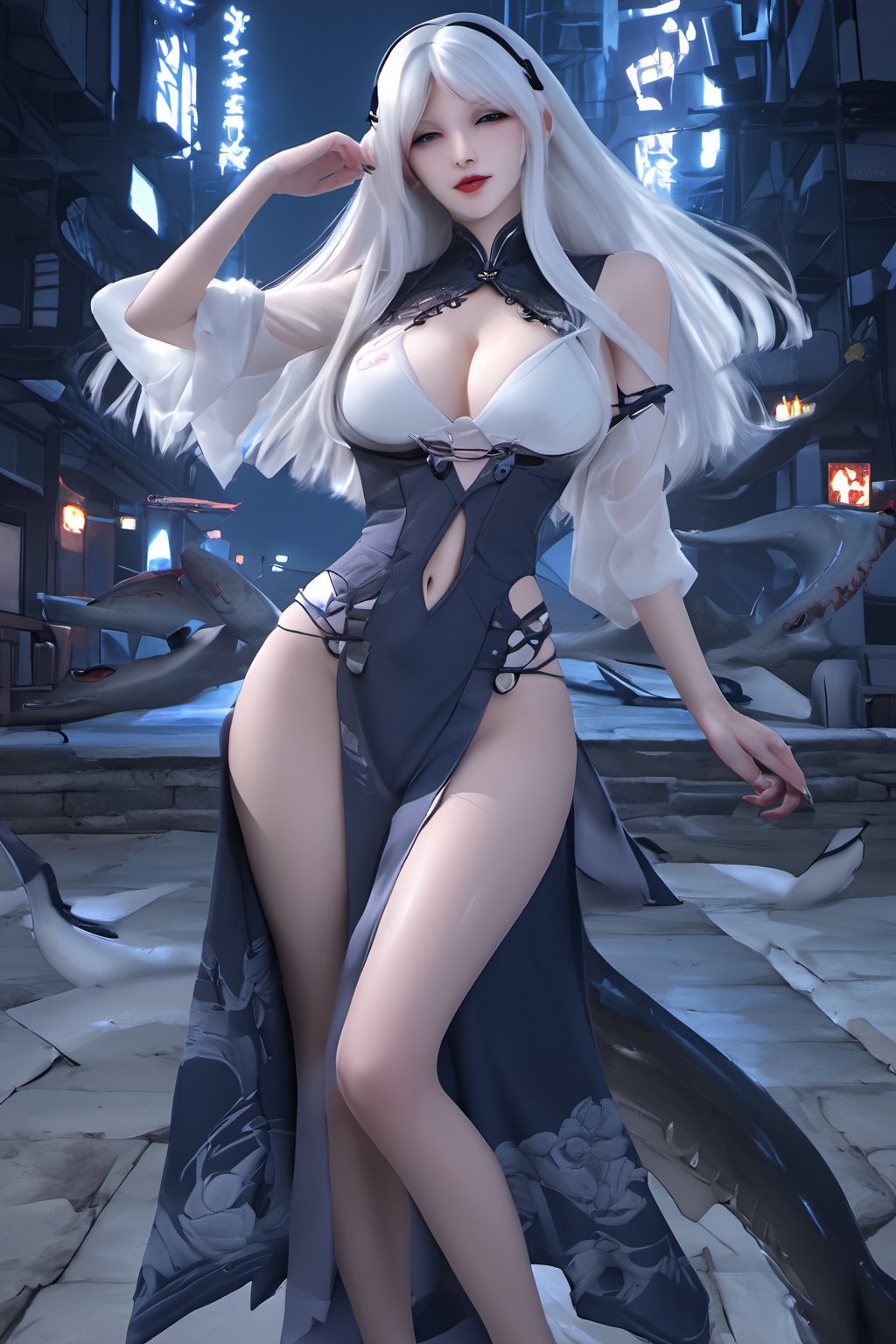 Sexy Pose , (masterpiece),(solo), 1 Japanese beauty, white hair ,  (high sexual attraction,long hair), in the dark night, (sexy Chinese Hanfu+body implants) ,(highly detailed background of ancient Indian achitechture with neon lights) ,Cyberpunk,Enhance,  Chinese fantasy art,shark