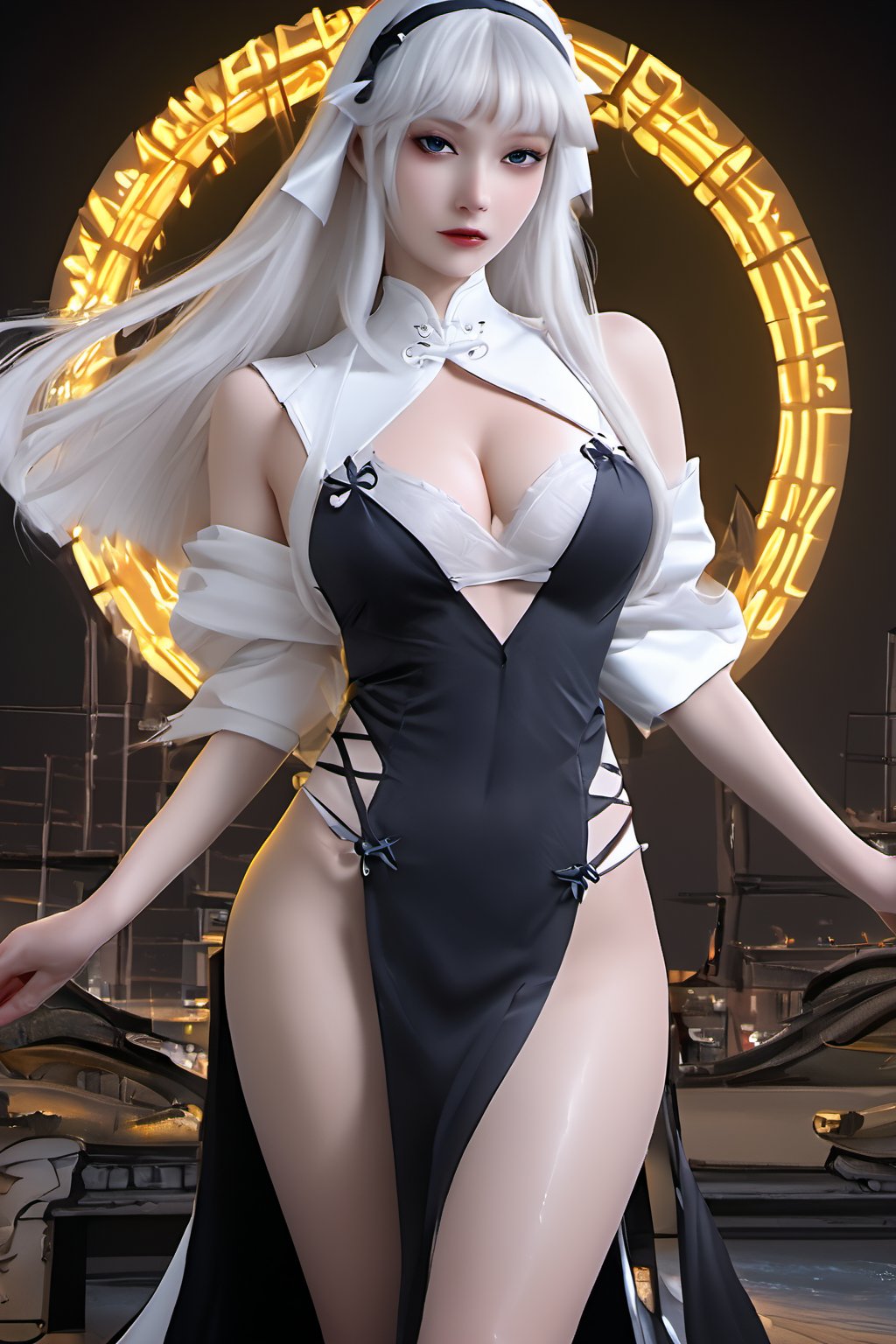 Sexy Pose , (masterpiece),(solo), 1 Japanese beauty, white hair ,  (high sexual attraction,long hair), in the dark night, (sexy Chinese Hanfu+body implants) ,(highly detailed background of ancient Indian achitechture with neon lights) ,Cyberpunk,Enhance,  Chinese fantasy art,shark