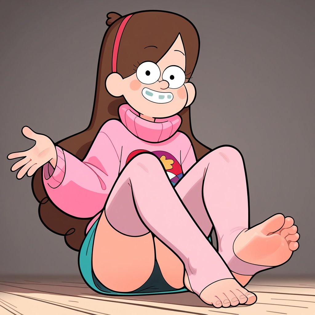 score_9, score_8_up, score_7_up, score_6_up, score_5_up, score_4_up, 1girl, brown hair, long hair, sweater, pink sweater, skirt, feet, soles, toes, barefoot, foot focus, mabel pines, smile, looking at viewer, stirrup stockings, pink legwear, toeless_legwear