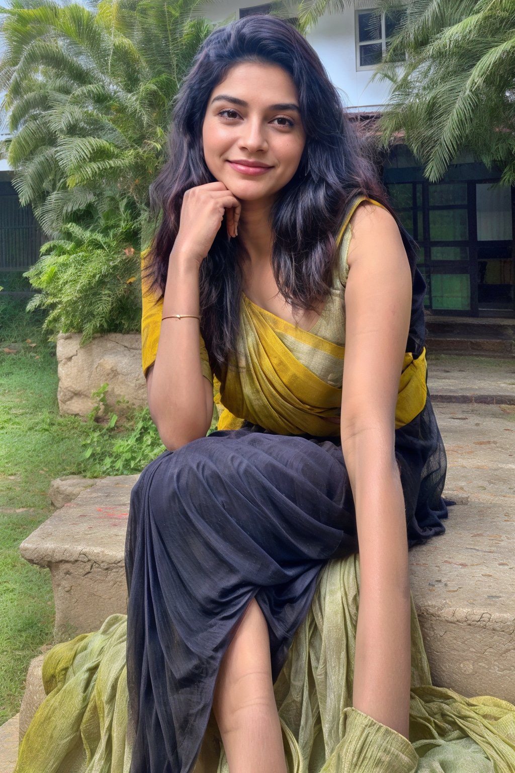 beautiful cute young attractive indian teenage girl, village girl, 19 years old, cute, Indian model, long black hair, colorful hair, dacing, sitting in home, ,realistic, portrait, , hairstyle ,indian, smiling face, black saree, far shot,  hairstyle, on phone smile , far , indian,