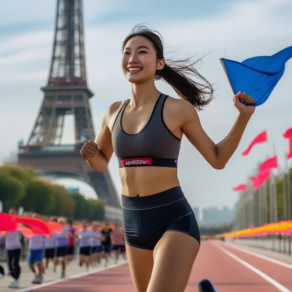 A young Asian athlete, dressed in sleek athletic wear reminiscent of professional running attire, bursts across the finish line with a radiant smile, as the iconic Eiffel Tower rises majestically behind her. The air is electric with excitement as the crowd erupts in cheers, waving flags and banners to celebrate her achievement. The framing captures her powerful pose, legs pumping fiercely as she crosses the threshold, against a backdrop of stunning cityscape.,realistic