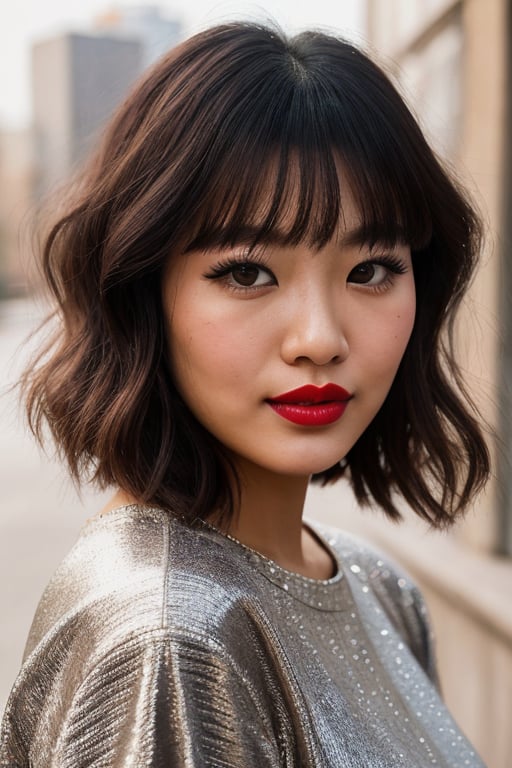 close-up portrait,Young woman 25 year old eye lashes, red lipstick ,Asian,similar to a very young woman, 1girl, thick teased fluffed big wild 1960's messy curled sexy pompadore half-bun hair style, shiny skin, sharp, Perfect Body Beauty, realistic shaded perfect body, ("casual dress attire" :1.2), (dynamic pose:1.1)