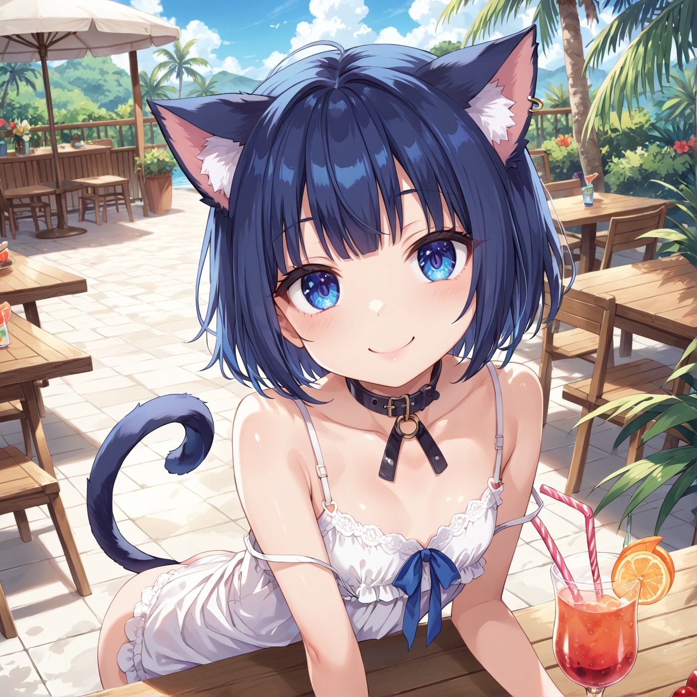 masterpiece, best quality, ultra-detailed, score_9, score_8_up, score_7_up, 
focus on face,

(one girl), shot from above,

shiny dark blue hair, shiny dark blue cat ears ,  short bob hair, dark blue medium hair, shiny dark blue hairs ,blue eyes,

, kannakamui, emo, Claudia, , (((flat chest))), No public hair, extremely pretty face, beautiful face, ultra-detaild face, cute and round face, ultra-detailed eyes, round eyes, rubby eyes, droopy eyes , 

beautiful and delicate and ultra-detailed finger, 

(((very young Petite girl))), skinny,

((nekomimi)),Cat ears the same color as her hair, cat collar,

summer, in the lakeside, outdoor, resort,
 in  the open cafe, sit at a table, one tropical juice, two straws, drink with a straw,

white Summer-like camisole dress , colored lace line ribbon, lots of lace, shyness, smile, happy,

cat tail,
