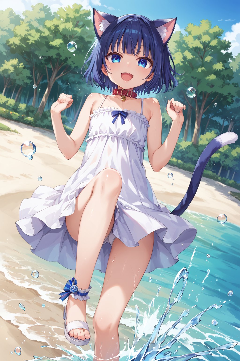 masterpiece, best quality, ultra-detailed, score_9, score_8_up, score_7_up, 
focus on face,

(one girl), shot from below, full body,

shiny dark blue hair, shiny dark blue cat ears ,  short bob hair, dark blue medium hair, shiny dark blue hairs ,blue eyes,

, kannakamui, emo, Claudia, , (((flat chest))), No public hair, extremely pretty face, beautiful face, ultra-detaild face, cute and round face, ultra-detailed eyes, round eyes, rubby eyes, droopy eyes , 

beautiful and delicate and ultra-detailed finger, 

(((very young Petite girl))), skinny,

((nekomimi)),Cat ears the same color as her hair, cat collar,

summer, in the lakeside beach, outdoor, resort,
 in  the see ,on shallow water, hands to skirt lift, hands to skirt hold ,((water  
 kicking to viewer)),
 ,(Splashing water from ankle),
((water drops on legs)),

all white Summer-like camisole dress , colored lace line ribbon, lots of lace, shyness, smile, happy, small open mouth,

cat tail,
