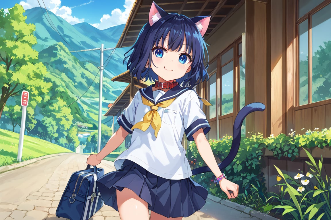 masterpiece, best quality, ultra-detailed, score_9, score_8_up, score_7_up, 
focus on face,

(one girl), solo,

shiny dark blue hair, shiny dark blue cat ears ,  short bob hair, dark blue medium hair, shiny dark blue hairs ,blue eyes,

, kannakamui, emo, Claudia, , (((flat chest))), No public hair, extremely pretty face, beautiful face, ultra-detaild face, cute and round face, ultra-detailed eyes, round eyes, rubby eyes, droopy eyes, 

beautiful and delicate and ultra-detailed finger, 

(((very young Petite girl))), skinny,

((cat ears)),Cat ears the same color as her hair, cat collar, cat tail,

summer, japan, countryside, mountain range, rice field, paddy field, straight road, telephone poles, in sidewalk along the road, no tree, no tree-lined avenue,

walking, carry a student bag on one's shoulder, hands free,

(((white summer school uniform))), short sleeve, yellow ribbon tie,

shyness, smile, happy,

look at viewer, shot from below,

,mirham,angeldust_style,scenery