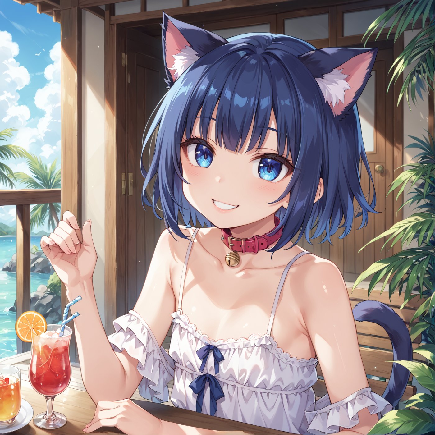 masterpiece, best quality, ultra-detailed, score_9, score_8_up, score_7_up, 
focus on face,

(one girl), 

shiny dark blue hair, shiny dark blue cat ears ,  short bob hair, dark blue medium hair, shiny dark blue hairs ,blue eyes,

, kannakamui, emo, Claudia, , (((flat chest))), No public hair, extremely pretty face, beautiful face, ultra-detaild face, cute and round face, ultra-detailed eyes, round eyes, rubby eyes, droopy eyes , 

beautiful and delicate and ultra-detailed finger, 

(((very young Petite girl))), skinny,

((nekomimi)),Cat ears the same color as her hair, cat collar,

summer, in the lakeside, outdoor, resort,
 in  the open cafe, sit at a table, one tropical juice, two straws,

white Summer-like camisole dress , colored lace line ribbon, lots of lace, shyness, smile, happy,

cat tail,
