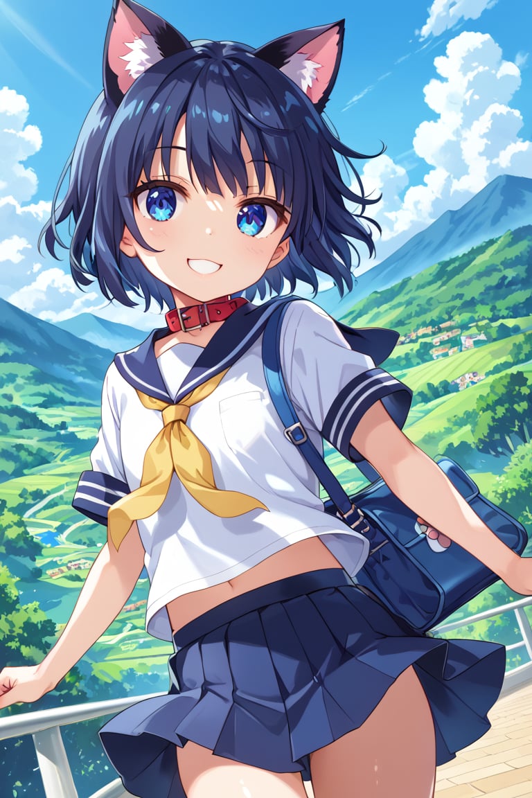 masterpiece, best quality, ultra-detailed, score_9, score_8_up, score_7_up, 
focus on face,

(one girl), solo,

shiny dark blue hair, shiny dark blue cat ears ,  short bob hair, dark blue medium hair, shiny dark blue hairs ,blue eyes,

, kannakamui, emo, Claudia, , (((flat chest))), No public hair, extremely pretty face, beautiful face, ultra-detaild face, cute and round face, ultra-detailed eyes, round eyes, rubby eyes, droopy eyes, 

beautiful and delicate and ultra-detailed finger, 

(((very young Petite girl))), skinny,

((cat ears)),Cat ears the same color as her hair, cat collar, cat tail,

summer, japan, country, countryside, mountain range, paddy field, 


walking, carry a blue student bag on one's shoulder, hands free,

(((white summer school uniform))), short sleeve, yellow ribbon tie,  wind,

shyness, smile, happy,

look at viewer, shot from below, 

,mirham,angeldust_style,scenery