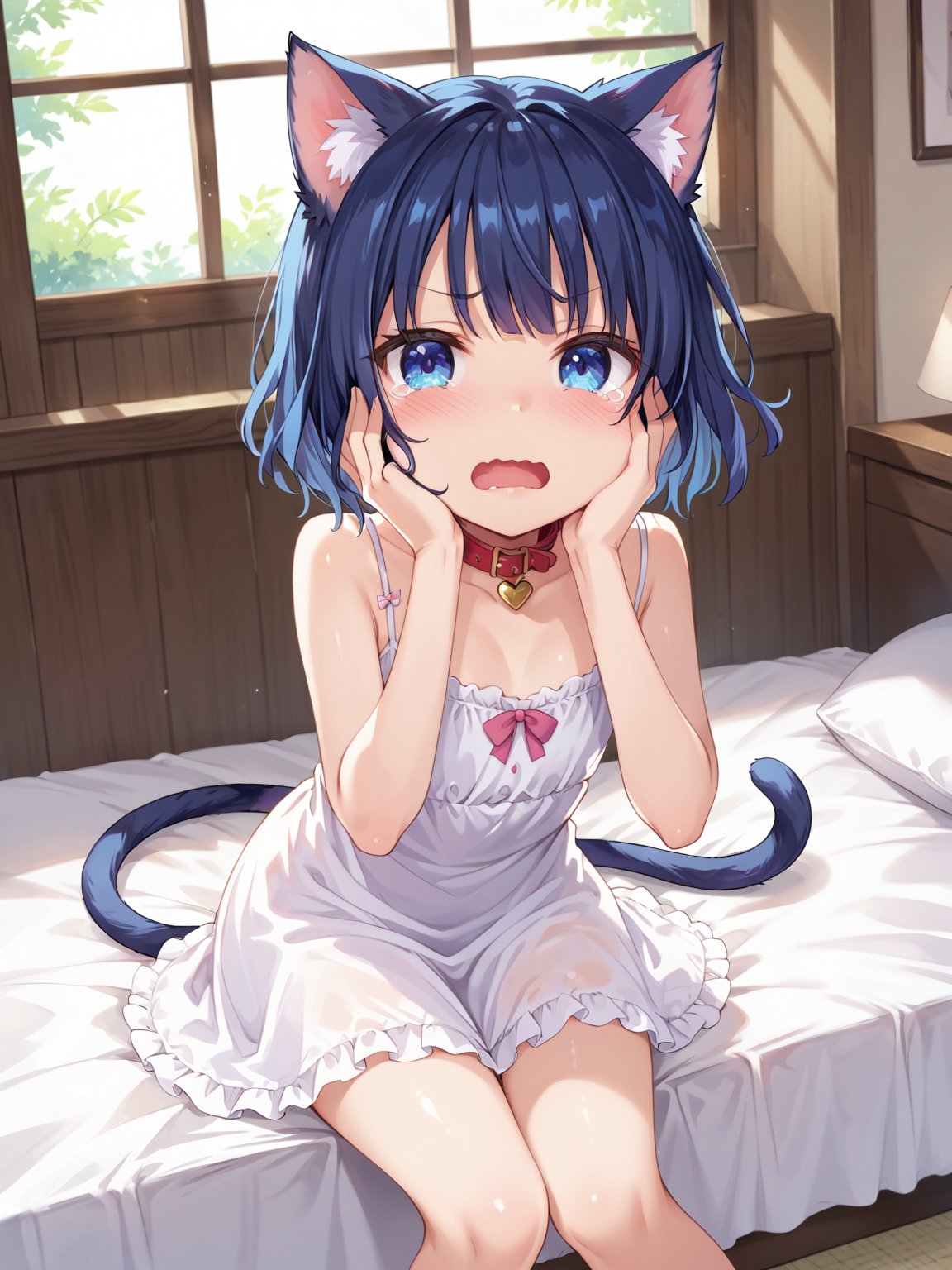 masterpiece, best quality, 8k, ultra-detailed, score_9, score_8_up, score_7_up, , kannakamui, 
shiny dark blue hair, shiny dark blue cat ears , short bob hair, dark blue medium hair, shiny dark blue hairs ,blue eyes, (((flat chest))), No public hair, extremely pretty face, beautiful face, ultra-detaild face, cute and round face, ultra-detailed eyes, round eyes, rubby eyes, droopy eyes , beautiful and delicate and ultra-detailed finger, (((very young Petite girl))), skinny,  cat collar, cat tail, (((Tail shaped like a heart))),

only white Summer-like camisole dress , colored lace line ribbon, lots of lace, white dress skret,

in the lakeside, in asian house, on bed,
shot from front, cowboy shot,

((watery eyes)), bow, V-shaped eyebrows, tears, cry, fullblush,
open mouth, wavy mouth,

(((Leaning Forward , hands on cheek, M-shaped sitting, knees away, , look at down))),

