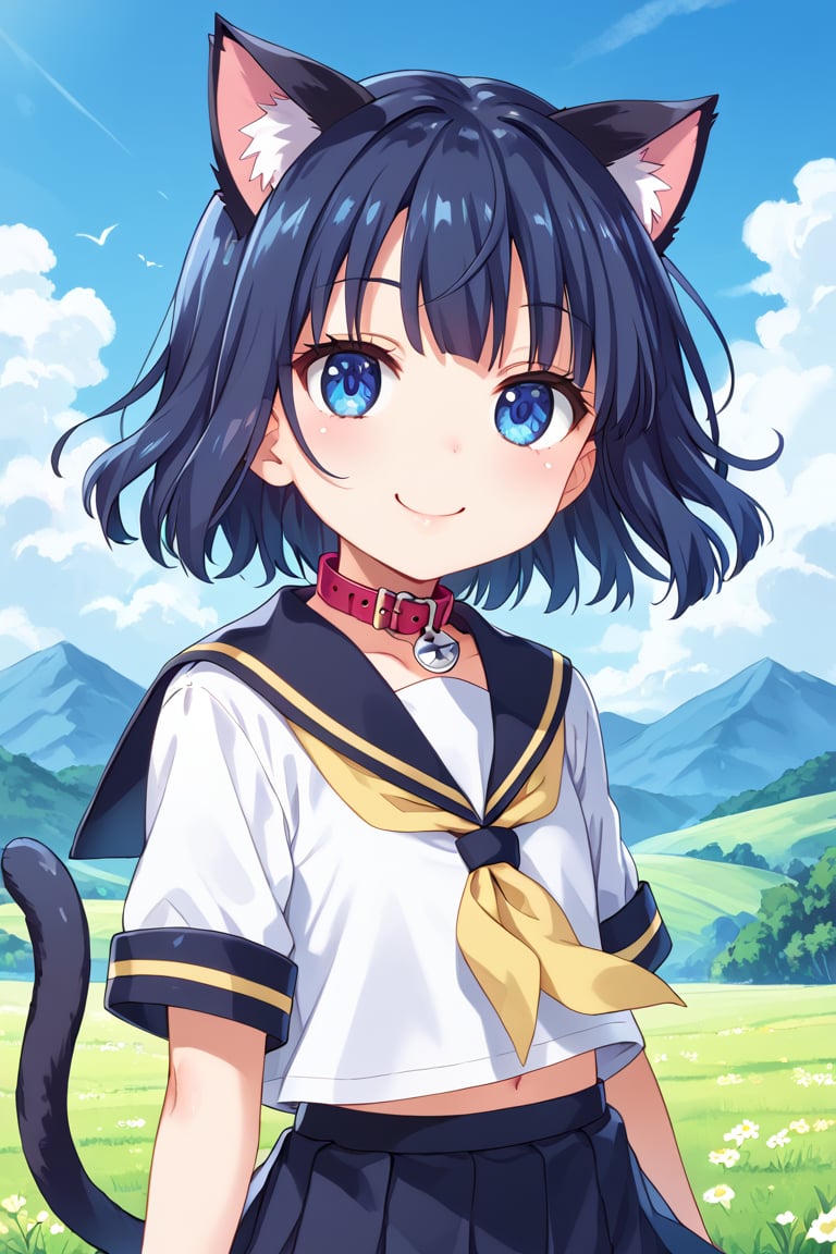 masterpiece, best quality, ultra-detailed, score_9, score_8_up, score_7_up, focus on face, (one girl), solo, shiny dark blue hair, shiny dark blue cat ears , short bob hair, dark blue medium hair, shiny dark blue hairs ,blue eyes, , kannakamui, emo, Claudia, , (((flat chest))), No public hair, extremely pretty face, beautiful face, ultra-detaild face, cute and round face, ultra-detailed eyes, round eyes, rubby eyes, droopy eyes, beautiful and delicate and ultra-detailed finger, (((very young Petite girl))), skinny, ((cat ears)),Cat ears the same color as her hair, cat collar, cat tail, summer, japan, country, countryside, mountain range, paddy field, walking, hands free,black cloth is pitch black,(((yellow line on 
 white school uniform))) , black skirt, yellow ribbon tie , blowing in the wind, shyness, smile, happy, look at viewer, shot from below, in the house, ,mirham,angeldust_style,scenery, kizaki school uniform