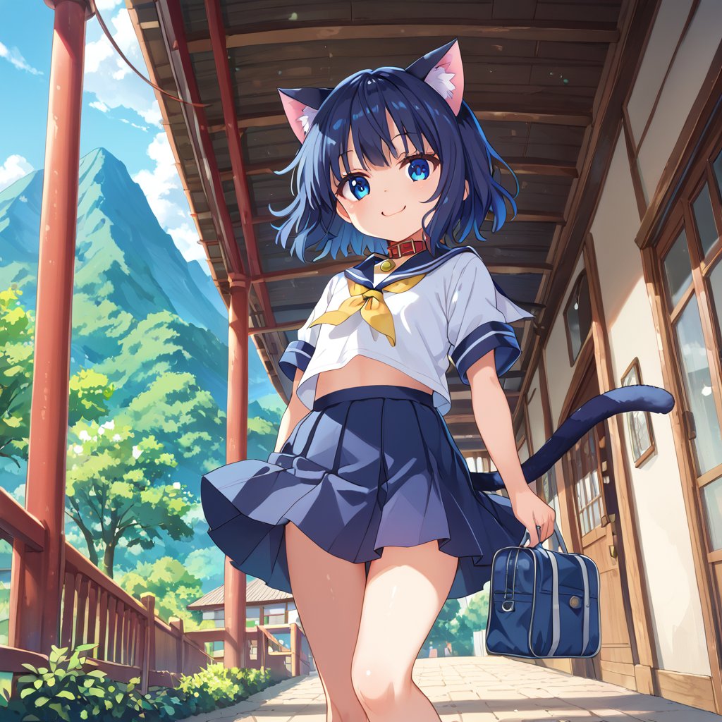 masterpiece, best quality, ultra-detailed, score_9, score_8_up, score_7_up, 
focus on face,

(one girl), solo,

shiny dark blue hair, shiny dark blue cat ears ,  short bob hair, dark blue medium hair, shiny dark blue hairs ,blue eyes,

, kannakamui, emo, Claudia, , (((flat chest))), No public hair, extremely pretty face, beautiful face, ultra-detaild face, cute and round face, ultra-detailed eyes, round eyes, rubby eyes, droopy eyes, 

beautiful and delicate and ultra-detailed finger, 

(((very young Petite girl))), skinny,

((cat ears)),Cat ears the same color as her hair, cat collar, cat tail,

summer, japan, country, countryside, mountain range, paddy field, 


walking, carry a blue student bag on one's shoulder, hands free,

(((white summer school uniform))), short sleeve, yellow ribbon tie,  wind,

shyness, smile, happy,

look at viewer, shot from below, 

,mirham,angeldust_style,scenery