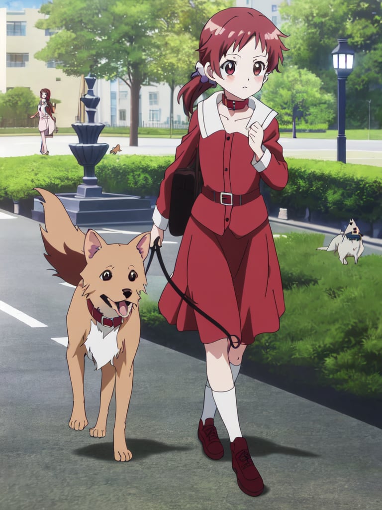 natsu megumi, 8k, masterpiece, absurdres, anime,

kawaii pose, dynamic action, fullbody,

Walking with dog on leash on collar, residential parks, fountains, benches, trees, street lights,