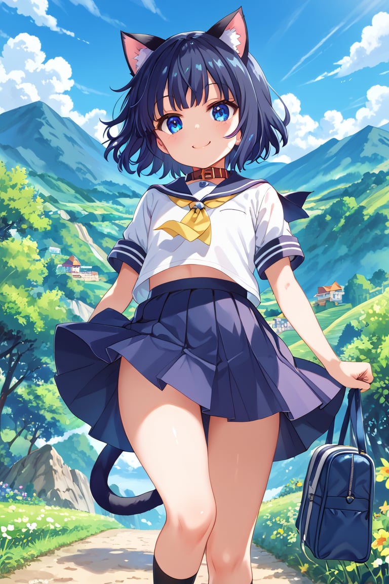 masterpiece, best quality, ultra-detailed, score_9, score_8_up, score_7_up, 
focus on face,

(one girl), solo,

shiny dark blue hair, shiny dark blue cat ears ,  short bob hair, dark blue medium hair, shiny dark blue hairs ,blue eyes,

, kannakamui, emo, Claudia, , (((flat chest))), No public hair, extremely pretty face, beautiful face, ultra-detaild face, cute and round face, ultra-detailed eyes, round eyes, rubby eyes, droopy eyes, 

beautiful and delicate and ultra-detailed finger, 

(((very young Petite girl))), skinny,

((cat ears)),Cat ears the same color as her hair, cat collar, cat tail,

summer, japan, country, countryside, mountain range, paddy field, 


walking, carry a blue student bag on one's shoulder, hands free,

(((white summer school uniform))), short sleeve, yellow ribbon tie,  wind,

shyness, smile, happy,

look at viewer, shot from below, 

,mirham,angeldust_style,scenery