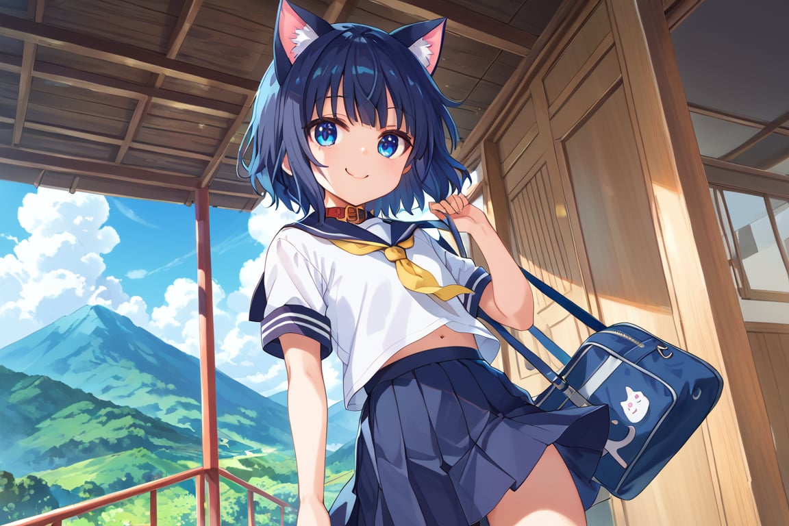 masterpiece, best quality, ultra-detailed, score_9, score_8_up, score_7_up, 
focus on face,

(one girl), solo,

shiny dark blue hair, shiny dark blue cat ears ,  short bob hair, dark blue medium hair, shiny dark blue hairs ,blue eyes,

, kannakamui, emo, Claudia, , (((flat chest))), No public hair, extremely pretty face, beautiful face, ultra-detaild face, cute and round face, ultra-detailed eyes, round eyes, rubby eyes, droopy eyes, 

beautiful and delicate and ultra-detailed finger, 

(((very young Petite girl))), skinny,

((cat ears)),Cat ears the same color as her hair, cat collar, cat tail,

summer, japan, country, countryside, mountain range, paddy field, 


walking, carry a blue student bag on one's shoulder, hands free,

(((white summer school uniform))), short sleeve, yellow ribbon tie,  wind,

shyness, smile, happy,

look at viewer, shot from below, 

,mirham,angeldust_style,scenery