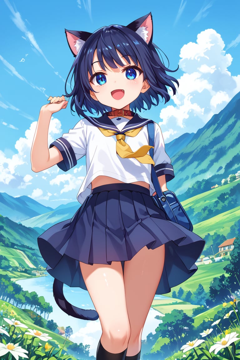 masterpiece, best quality, ultra-detailed, score_9, score_8_up, score_7_up, 
focus on face,

(one girl), solo,

shiny dark blue hair, shiny dark blue cat ears ,  short bob hair, dark blue medium hair, shiny dark blue hairs ,blue eyes,

, kannakamui, emo, Claudia, , (((flat chest))), No public hair, extremely pretty face, beautiful face, ultra-detaild face, cute and round face, ultra-detailed eyes, round eyes, rubby eyes, droopy eyes, 

beautiful and delicate and ultra-detailed finger, 

(((very young Petite girl))), skinny,

((cat ears)),Cat ears the same color as her hair, cat collar, cat tail,

summer, japan, country, countryside, mountain range, paddy field, 


walking, carry a blue student bag on one's shoulder, hands free,

(((white summer school uniform))), short sleeve, yellow ribbon tie,  wind,

shyness, smile, happy,

look at viewer, shot from below, 

,mirham,angeldust_style,scenery