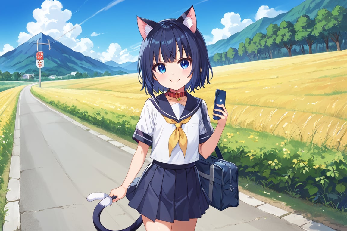 masterpiece, best quality, ultra-detailed, score_9, score_8_up, score_7_up, 
focus on face,

(one girl), solo,

shiny dark blue hair, shiny dark blue cat ears ,  short bob hair, dark blue medium hair, shiny dark blue hairs ,blue eyes,

, kannakamui, emo, Claudia, , (((flat chest))), No public hair, extremely pretty face, beautiful face, ultra-detaild face, cute and round face, ultra-detailed eyes, round eyes, rubby eyes, droopy eyes , 

beautiful and delicate and ultra-detailed finger, 

(((very young Petite girl))), skinny,

((nekomimi)),Cat ears the same color as her hair, cat collar,



summer, japan, countryside, mountain range, rice field, paddy field, straight road, telephone poles, in sidewalk along the road, no tree, no tree-lined avenue,

walking, one school bag, hands free,

(((white summer school uniform))), short sleeve, yellow ribbon tie,

shyness, smile, happy,

cat tail,
