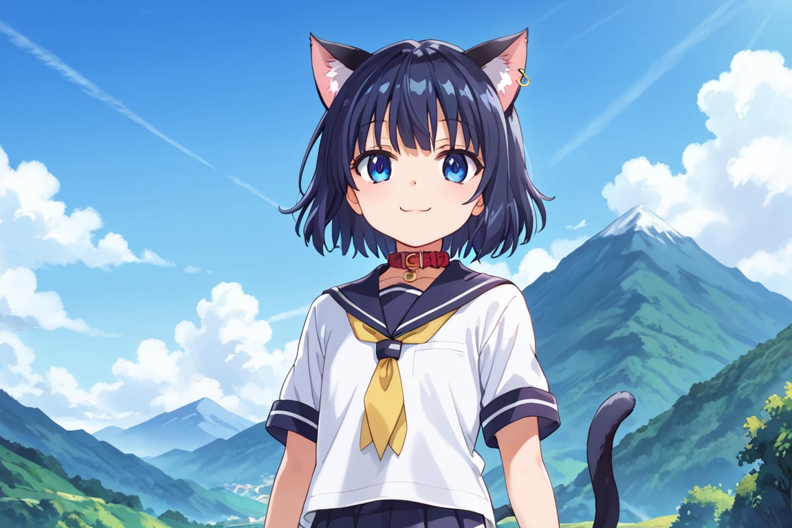 masterpiece, best quality, ultra-detailed, score_9, score_8_up, score_7_up, focus on face, (one girl), solo, shiny dark blue hair, shiny dark blue cat ears , short bob hair, dark blue medium hair, shiny dark blue hairs ,blue eyes, , kannakamui, emo, Claudia, , (((flat chest))), No public hair, extremely pretty face, beautiful face, ultra-detaild face, cute and round face, ultra-detailed eyes, round eyes, rubby eyes, droopy eyes, beautiful and delicate and ultra-detailed finger, (((very young Petite girl))), skinny, ((cat ears)),Cat ears the same color as her hair, cat collar, cat tail, summer, japan, country, countryside, mountain range, paddy field, walking, hands free, ((school uniform)), short sleeve, yellow ribbon tie, blowing in the wind, shyness, smile, happy, look at viewer, shot from below, ,mirham,angeldust_style,scenery,herikawa koishi