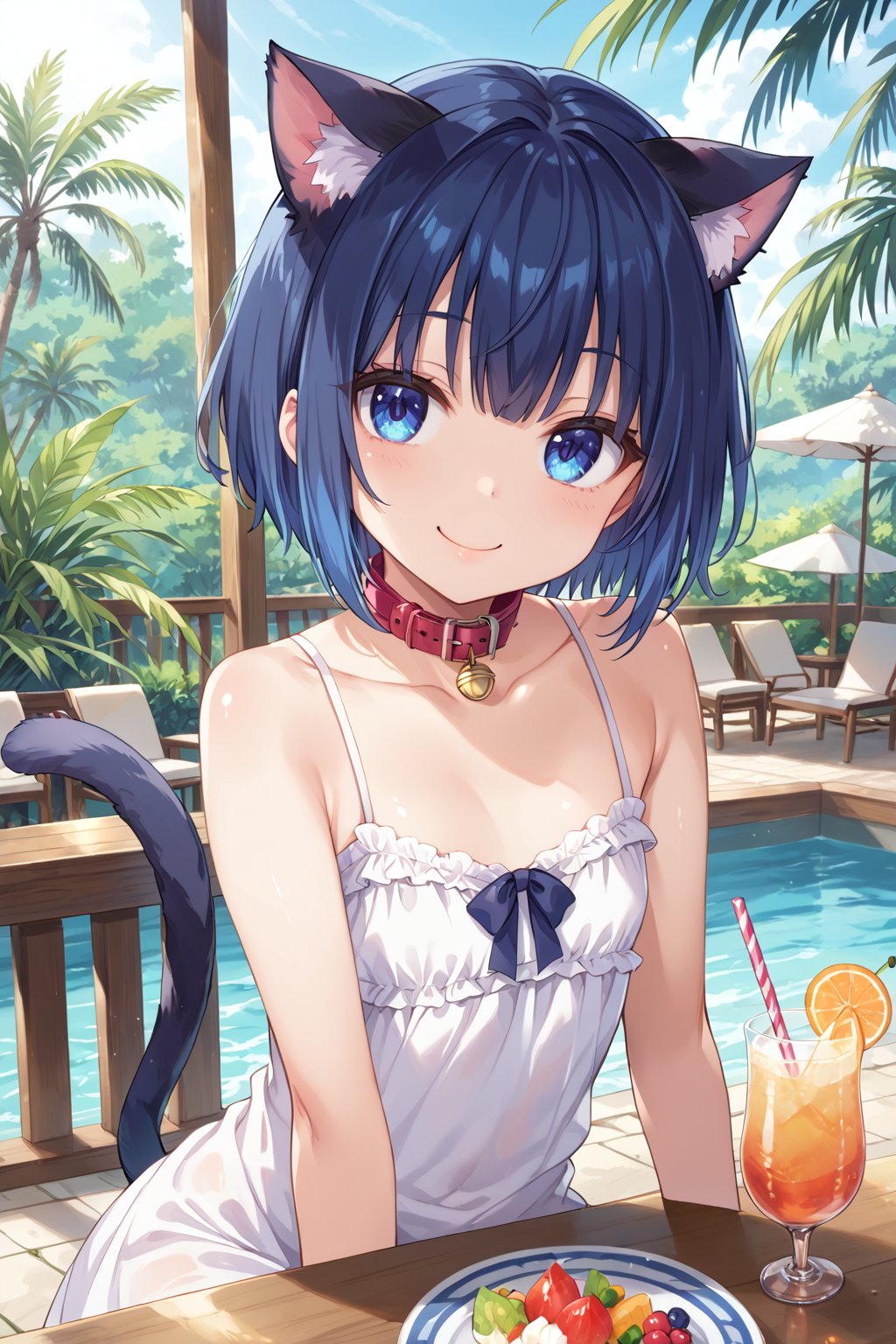 masterpiece, best quality, ultra-detailed, score_9, score_8_up, score_7_up, 
focus on face,

(one girl), 

shiny dark blue hair, shiny dark blue cat ears ,  short bob hair, dark blue medium hair, shiny dark blue hairs ,blue eyes,

, kannakamui, emo, Claudia, , (((flat chest))), No public hair, extremely pretty face, beautiful face, ultra-detaild face, cute and round face, ultra-detailed eyes, round eyes, rubby eyes, droopy eyes , 

beautiful and delicate and ultra-detailed finger, 

(((very young Petite girl))), skinny,

((nekomimi)),Cat ears the same color as her hair, cat collar,

summer, in the lakeside, outdoor, resort,
 in  the open cafe, sit at a table, one tropical juice, two straws,

white Summer-like camisole dress , colored lace line ribbon, lots of lace, shyness, smile, happy,

cat tail,
