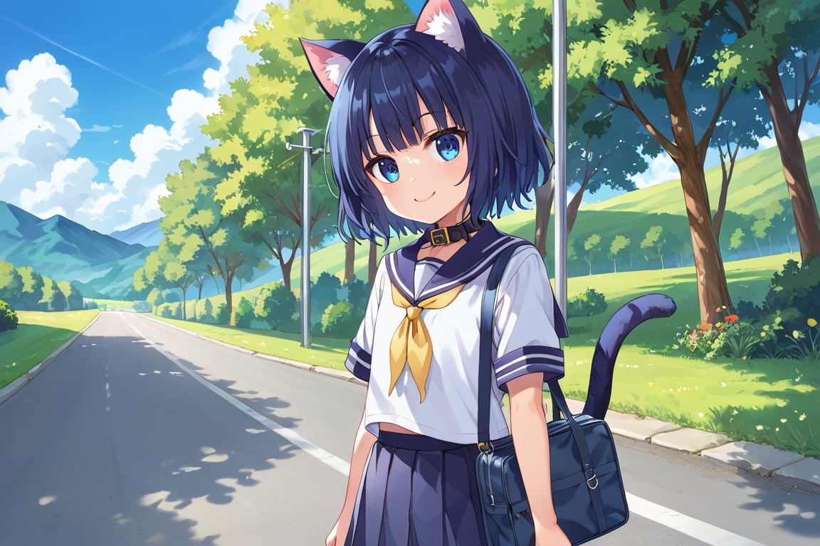 masterpiece, best quality, ultra-detailed, score_9, score_8_up, score_7_up, 
focus on face,

(one girl), solo,

shiny dark blue hair, shiny dark blue cat ears ,  short bob hair, dark blue medium hair, shiny dark blue hairs ,blue eyes,

, kannakamui, emo, Claudia, , (((flat chest))), No public hair, extremely pretty face, beautiful face, ultra-detaild face, cute and round face, ultra-detailed eyes, round eyes, rubby eyes, droopy eyes , 

beautiful and delicate and ultra-detailed finger, 

(((very young Petite girl))), skinny,

((nekomimi)),Cat ears the same color as her hair, cat collar,



summer, japanese countryside, mountain range, rice field, paddy field, straight road, telephone poles, in sidewalk along the road, no tree,

walking, one school bag, hands free,

(((white summer school uniform))), short sleeve, yellow ribbon tie,

shyness, smile, happy,

cat tail,
