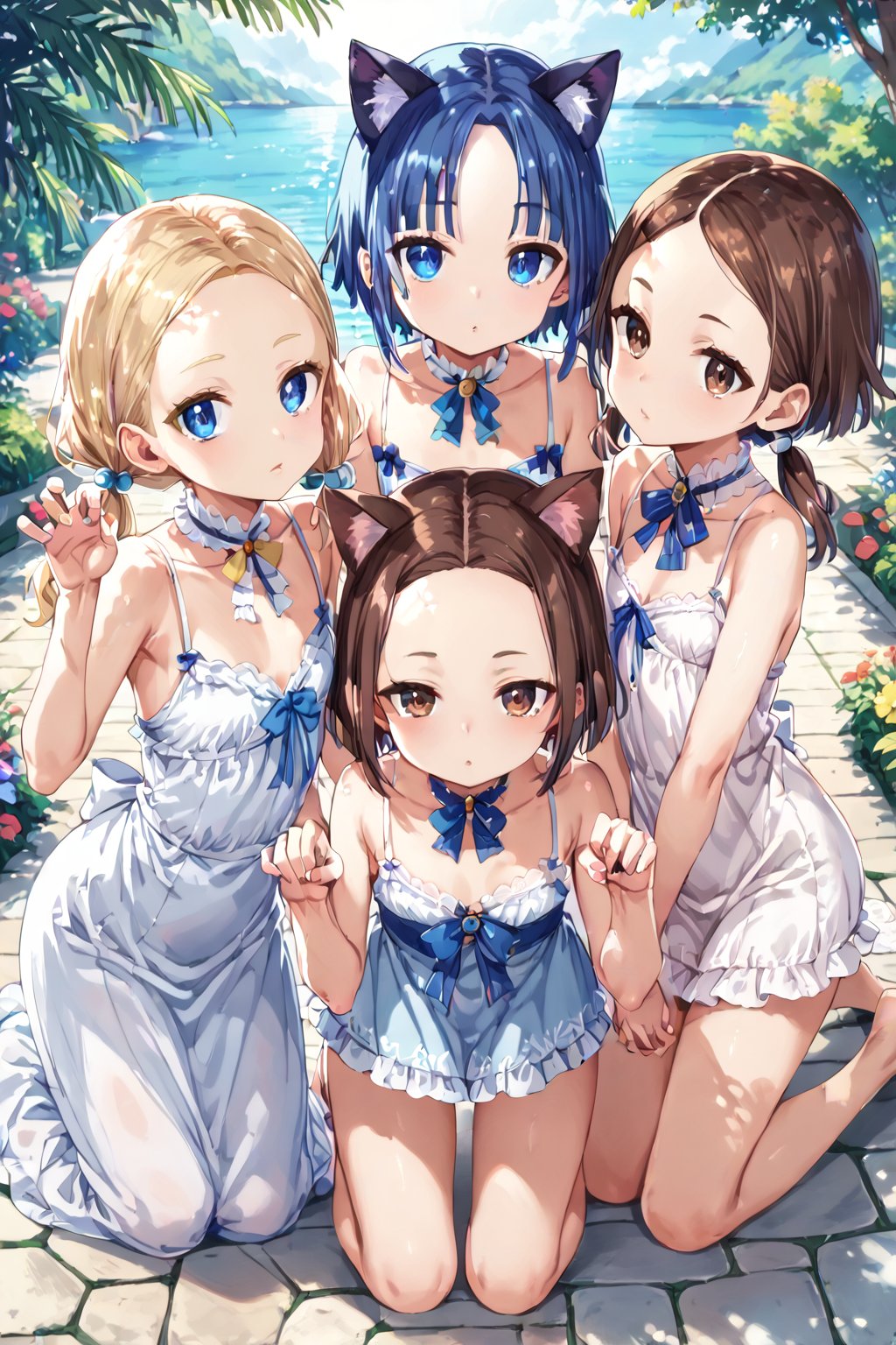 masterpiece, best quality, ultra-detailed, score_9, score_8_up, score_7_up, 
facing viewer, above view, 

,(((Three girls))), 

the first one (shiny brown hair, shiny brown cat ears ,  short hair, light blonde medium hair, low twintails, shiny brown hairs ,brown eyes, ), 

the second one (shiny blonde hair,(((blunt bangs:1.4))),(((very short bangs:1.4))),(((forehead:1.3))), shiny blonde cat ears ,  short hair, light blonde medium hair, low twintails, shiny blonde hairs ,blue eyes ),

the third one (shiny dark blue hair, shiny dark blue cat ears ,  short bob hair, dark blue medium hair, , shiny dark blue hairs ,blue eyes ),

, kannakamui, emo, Claudia, , (((flat chest))), No public hair, extremely pretty face, beautiful face, ultra-detaild face, cute and round face, ultra-detailed eyes, round eyes, rubby eyes, droopy eyes , 

Exact finger count, beautiful and delicate and ultra-detailed finger, 1 of the 5 beautiful fingers is a thumb and natural shape,

(((very young Petite girl))), skinny,

((leaning forward)),((pow pose)), kneeling ,hip shift ,

good friends, holding hands, sexfriend,

summer, in the lakeside, outdoor,

white Summer-like camisole dress , colored lace line ribbon, lots of lace,
