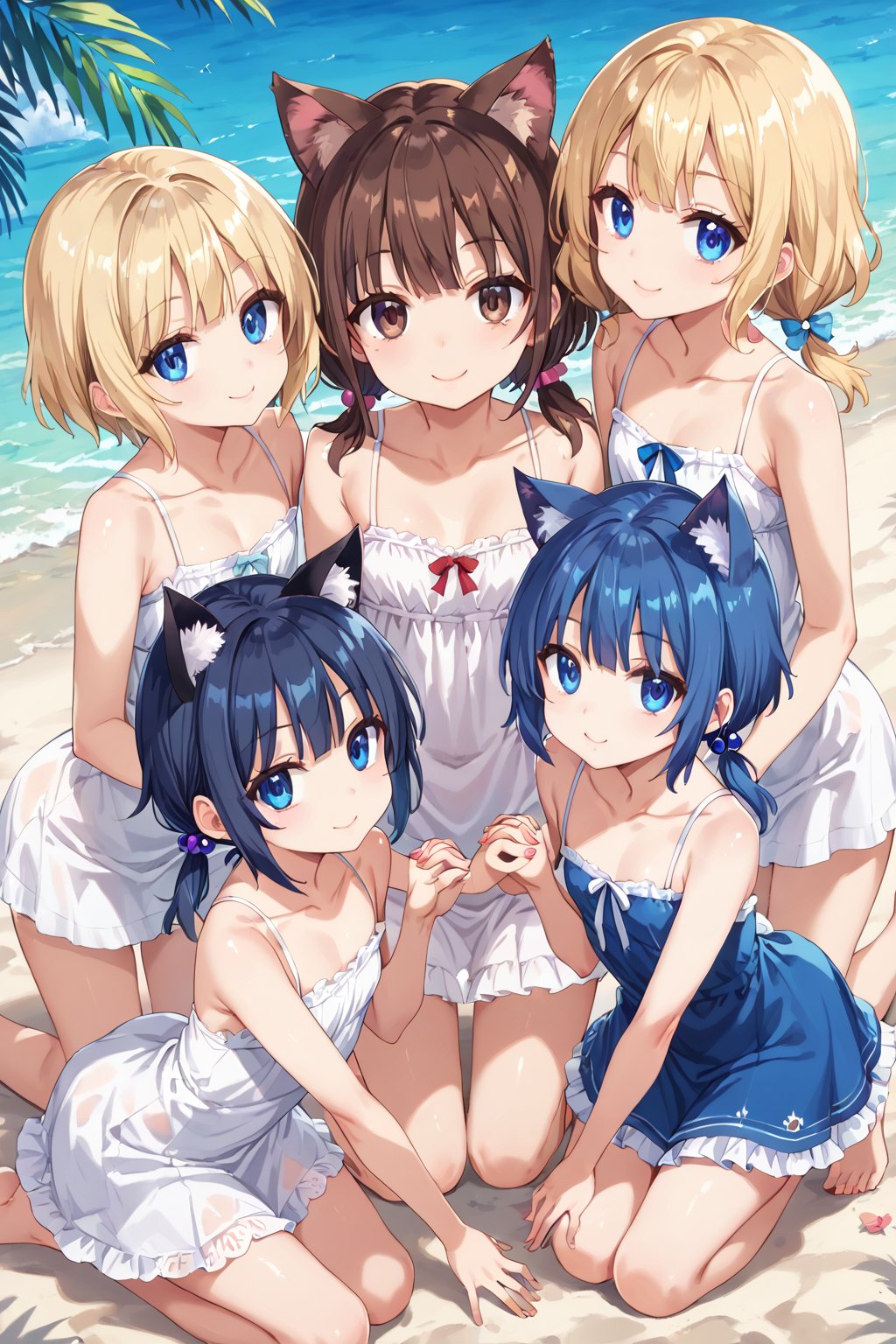 masterpiece, best quality, ultra-detailed, score_9, score_8_up, score_7_up, 
facing viewer, above view, 

,(((Three girls))), 

the first one (shiny brown hair, shiny brown cat ears ,  short hair, light blonde medium hair, low twintails, shiny brown hairs ,brown eyes, ), 

the second one (shiny blonde hair, shiny blonde cat ears ,  short hair, light blonde medium hair, low twintails, shiny blonde hairs ,blue eyes ),

the third one (shiny dark blue hair, shiny dark blue cat ears ,  short bob hair, dark blue medium hair, , shiny dark blue hairs ,blue eyes ),

, kannakamui, emo, Claudia, , (((flat chest))), No public hair, extremely pretty face, beautiful face, ultra-detaild face, cute and round face, ultra-detailed eyes, round eyes, rubby eyes, droopy eyes , 

Exact finger count, beautiful and delicate and ultra-detailed finger, 1 of the 5 beautiful fingers is a thumb and natural shape,

(((very young Petite girl))), skinny,

((leaning forward)),((pow pose)), kneeling ,hip shift ,

good friends, holding hands, sexfriend,

summer, in the lakeside, outdoor,

white Summer-like camisole dress , colored lace line ribbon, lots of lace,shyness or smile,
