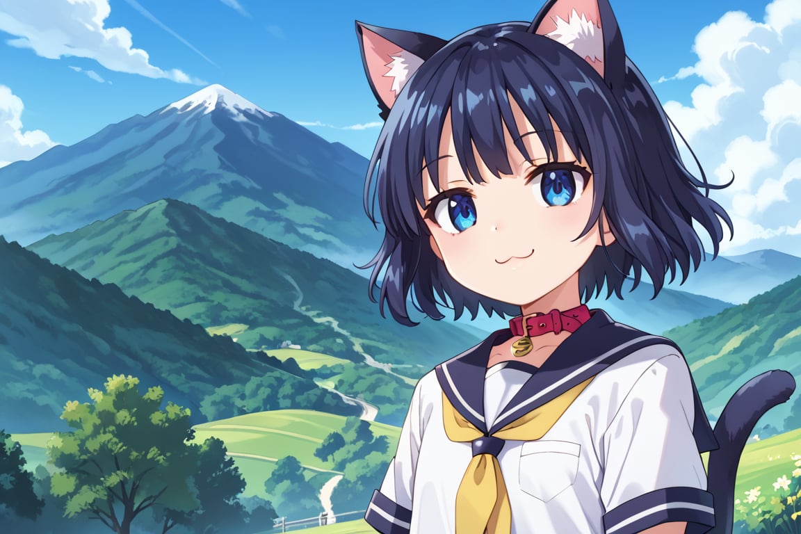 masterpiece, best quality, ultra-detailed, score_9, score_8_up, score_7_up, focus on face, (one girl), solo, shiny dark blue hair, shiny dark blue cat ears , short bob hair, dark blue medium hair, shiny dark blue hairs ,blue eyes, , kannakamui, emo, Claudia, , (((flat chest))), No public hair, extremely pretty face, beautiful face, ultra-detaild face, cute and round face, ultra-detailed eyes, round eyes, rubby eyes, droopy eyes, beautiful and delicate and ultra-detailed finger, (((very young Petite girl))), skinny, ((cat ears)),Cat ears the same color as her hair, cat collar, cat tail, summer, japan, country, countryside, mountain range, paddy field, walking, hands free, ((school uniform)), short sleeve, yellow ribbon tie, blowing in the wind, shyness, smile, happy, look at viewer, shot from below, ,mirham,angeldust_style,scenery,herikawa koishi