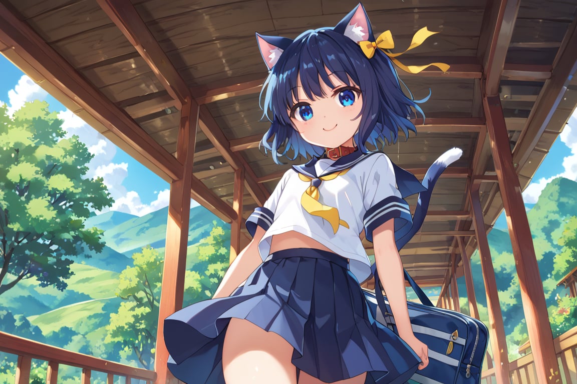 masterpiece, best quality, ultra-detailed, score_9, score_8_up, score_7_up, 
focus on face,

(one girl), solo,

shiny dark blue hair, shiny dark blue cat ears ,  short bob hair, dark blue medium hair, shiny dark blue hairs ,blue eyes,

, kannakamui, emo, Claudia, , (((flat chest))), No public hair, extremely pretty face, beautiful face, ultra-detaild face, cute and round face, ultra-detailed eyes, round eyes, rubby eyes, droopy eyes, 

beautiful and delicate and ultra-detailed finger, 

(((very young Petite girl))), skinny,

((cat ears)),Cat ears the same color as her hair, cat collar, cat tail,

summer, japan, country, countryside, mountain range, paddy field, 


walking, carry a blue student bag on one's shoulder, hands free,

(((white summer school uniform))), short sleeve, yellow ribbon tie,  wind,

shyness, smile, happy,

look at viewer, shot from below, 

,mirham,angeldust_style,scenery