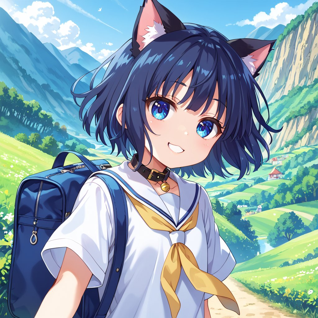 masterpiece, best quality, ultra-detailed, score_9, score_8_up, score_7_up, 
focus on face,

(one girl), solo,

shiny dark blue hair, shiny dark blue cat ears ,  short bob hair, dark blue medium hair, shiny dark blue hairs ,blue eyes,

, kannakamui, emo, Claudia, , (((flat chest))), No public hair, extremely pretty face, beautiful face, ultra-detaild face, cute and round face, ultra-detailed eyes, round eyes, rubby eyes, droopy eyes, 

beautiful and delicate and ultra-detailed finger, 

(((very young Petite girl))), skinny,

((cat ears)),Cat ears the same color as her hair, cat collar, cat tail,

summer, japan, country, countryside, mountain range, paddy field, 


walking, carry a blue student bag on one's shoulder, hands free,

(((white summer school uniform))), short sleeve, yellow ribbon tie,  wind,

shyness, smile, happy,

look at viewer, shot from below, 

,mirham,angeldust_style,scenery