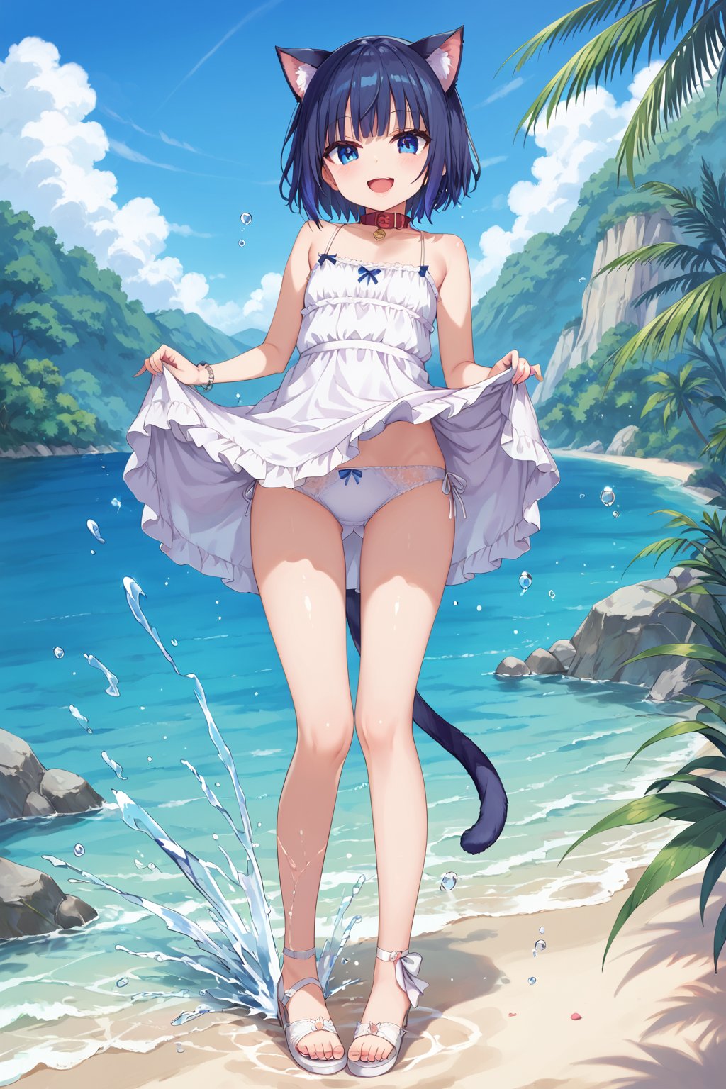 masterpiece, best quality, ultra-detailed, score_9, score_8_up, score_7_up, 
focus on face,

(one girl), shot from below, full body,

shiny dark blue hair, shiny dark blue cat ears ,  short bob hair, dark blue medium hair, shiny dark blue hairs ,blue eyes,

, kannakamui, emo, Claudia, , (((flat chest))), No public hair, extremely pretty face, beautiful face, ultra-detaild face, cute and round face, ultra-detailed eyes, round eyes, rubby eyes, droopy eyes , 

beautiful and delicate and ultra-detailed finger, 

(((very young Petite girl))), skinny,

((nekomimi)),Cat ears the same color as her hair, cat collar,

summer, in the lakeside beach, outdoor, resort,
 in  the see ,on shallow water, hands to skirt lift, hands to skirt hold ,raise leg straight in front to viewer
 ,(Splashing water from ankle),
((water drops on legs)),

full white Summer-like camisole dress , colored lace line ribbon, lots of lace, shyness, smile, happy, small open mouth,

cat tail,
