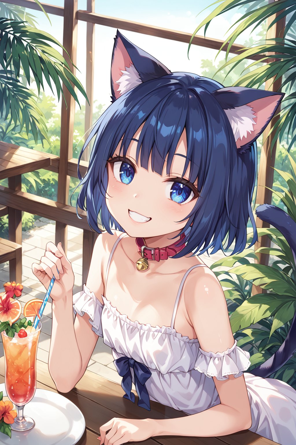 masterpiece, best quality, ultra-detailed, score_9, score_8_up, score_7_up, 
focus on face,

(one girl), 

shiny dark blue hair, shiny dark blue cat ears ,  short bob hair, dark blue medium hair, shiny dark blue hairs ,blue eyes,

, kannakamui, emo, Claudia, , (((flat chest))), No public hair, extremely pretty face, beautiful face, ultra-detaild face, cute and round face, ultra-detailed eyes, round eyes, rubby eyes, droopy eyes , 

beautiful and delicate and ultra-detailed finger, 

(((very young Petite girl))), skinny,

((nekomimi)),Cat ears the same color as her hair, cat collar,

summer, in the lakeside, outdoor, resort,
 in  the open cafe, sit at a table, tabe center on one tropical juice, two straws,

white Summer-like camisole dress , colored lace line ribbon, lots of lace, shyness, smile, happy,

cat tail,
