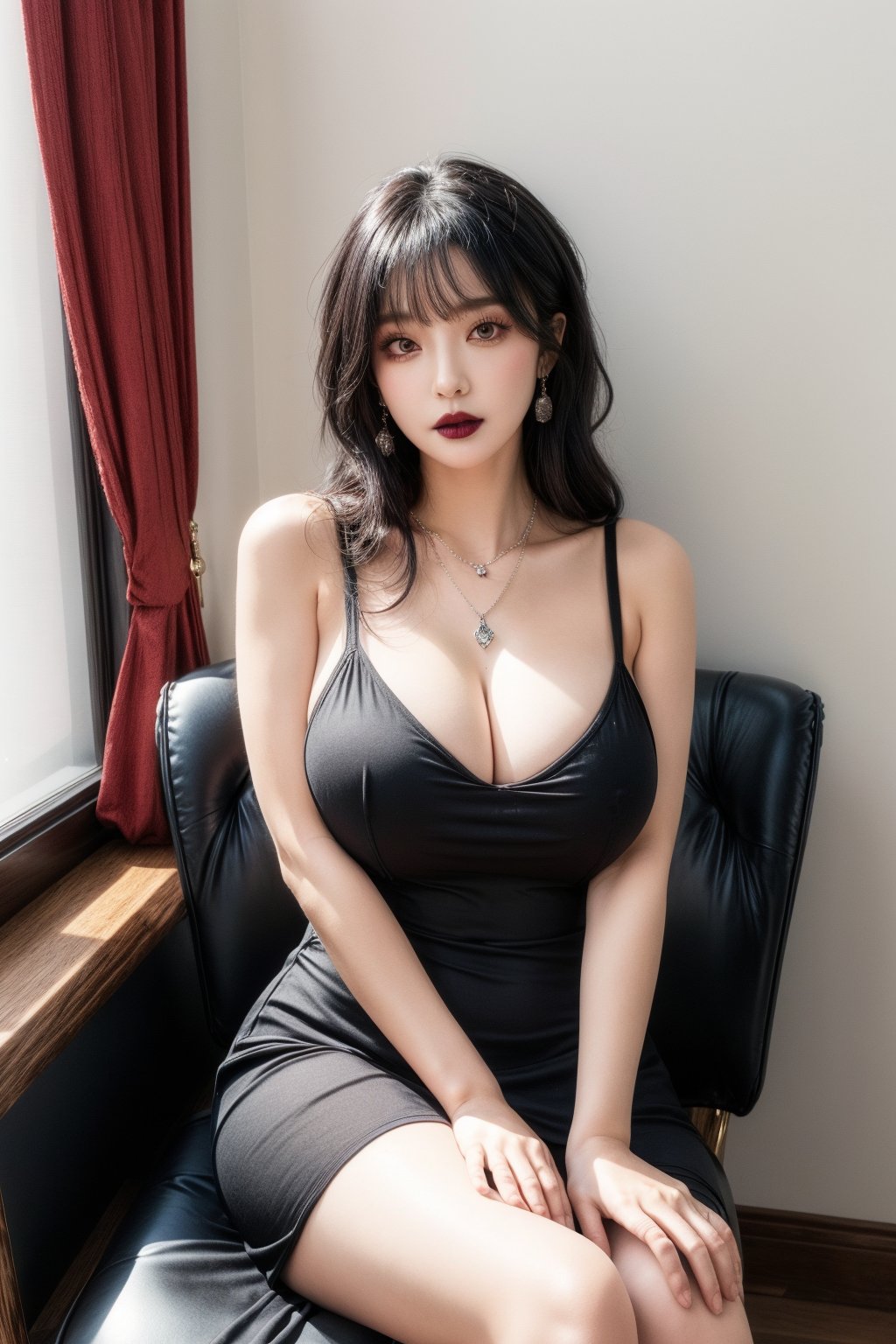 1girl, solo, black hair, dress, jewelry, necklace, watermark,upper body, she is wearing tight maxi dress with black lips and mascara sitting in her room chair with legs fold, gigantic_breasts